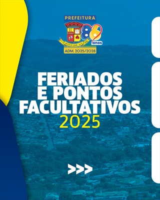 FERIADOS E PONTOS FACULTATIVOS 2025

Prefeitura de Mateus Leme - Administração 2025 a 2028.

#mateusleme #prefeiturademateusleme #calendário #2025 #feriados #pontosfacultativos