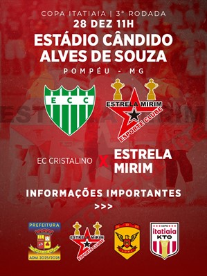 TERCEIRO JOGO DO ESTRELA MIRIM NA 64ª COPA ITATIAIA

Dia 28 de dezembro - 11h - Estádio Cândido Alves De Souza - Pompéu - MG

O tricampeão metropolitano e bicampeão geral Estrela Mirim e bicampeão da Recopa Amador segue em busca de mais um título!

#mateusleme #prefeiturademateusleme #esporte #copaitatiaia #estrelamirim #desenvolvimento